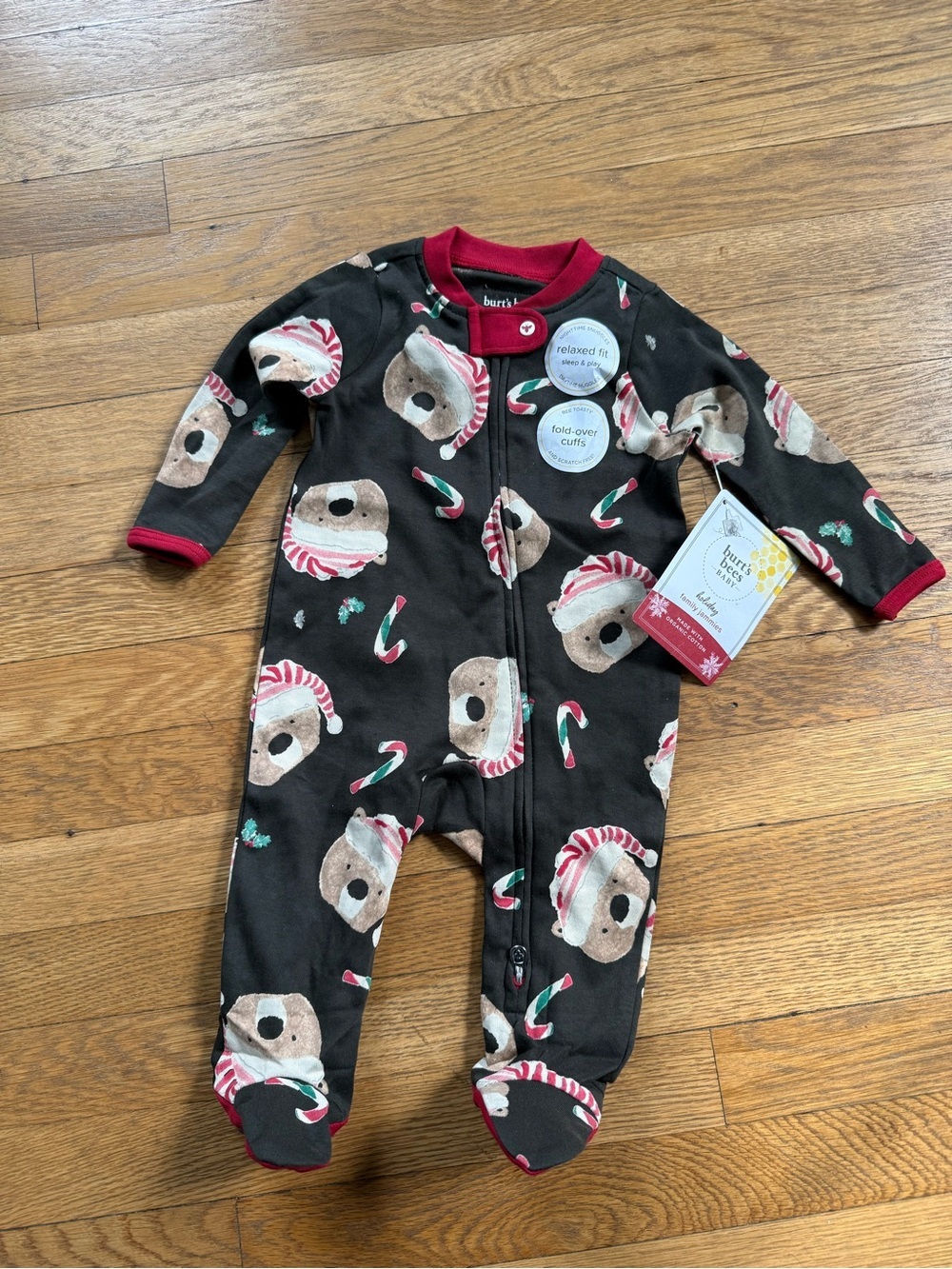 NWT Burt's Bees Baby 0-3 Christmas Candy Cane Bears Sleep + Play One Piece